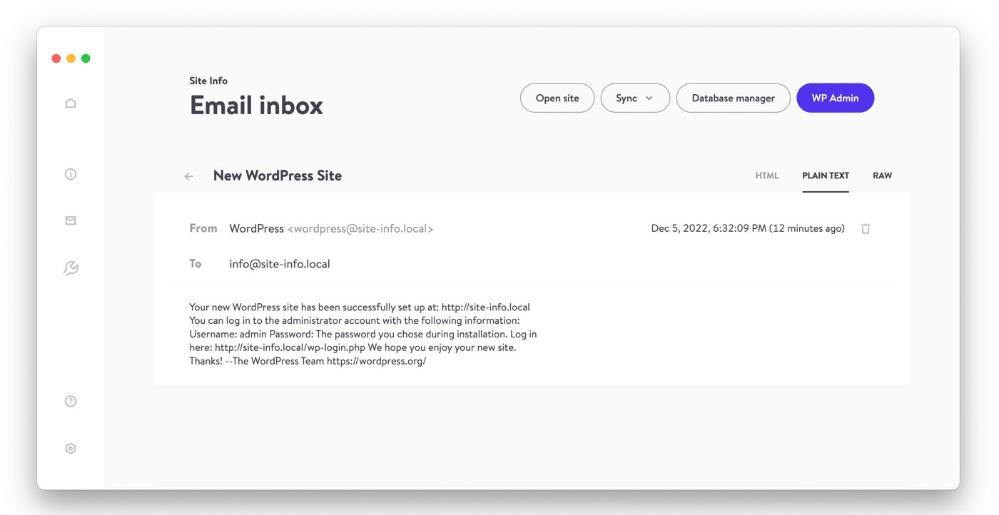 DevKinsta webbplatsens e-postvy
