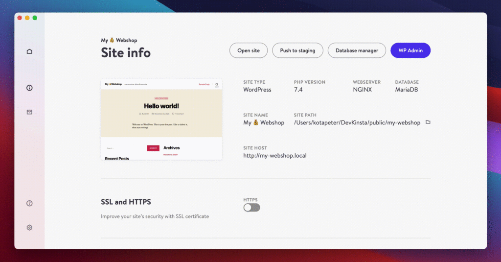 DevKinsta database details