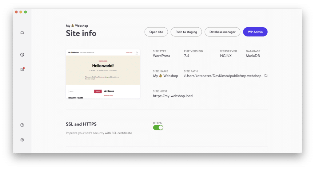 DevKinsta Site Info Screenshot