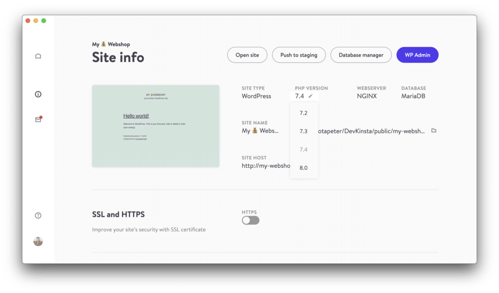 DevKinsta site PHP versions