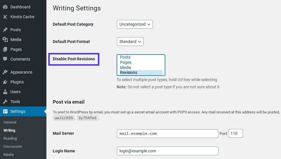 Les réglages de l’extension WordPress Disable Post Revisions