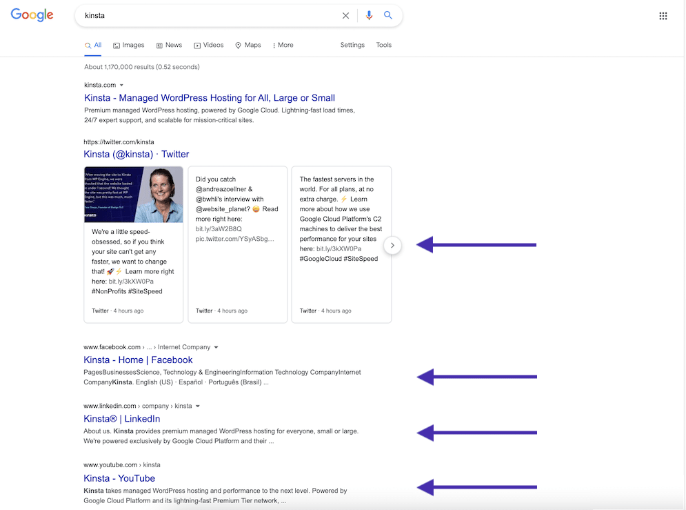 Kinsta's brand SERP