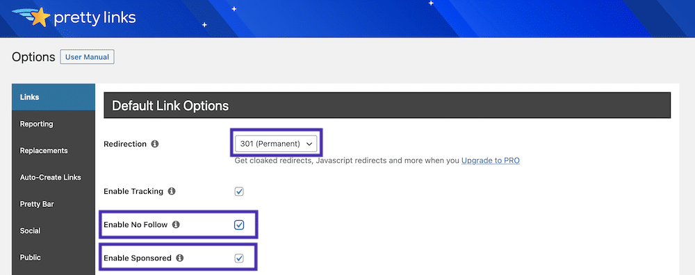 The Pretty Links Options page