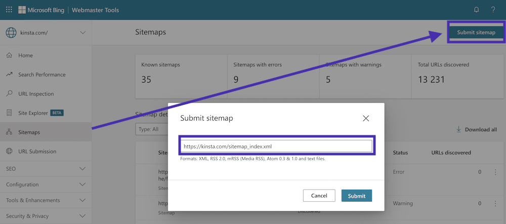 Submitting an XML sitemap file to Bing Webmaster Tools