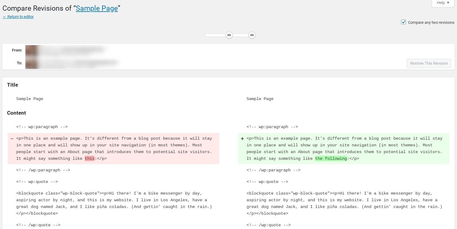 La page des révisions de WordPress