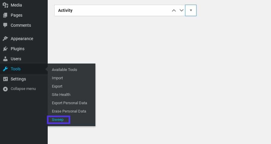 Trouver les réglages de l’extension WP-Sweep dans WordPress