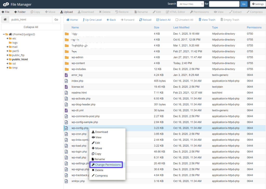 How to change file permissions using cPanel File Manager