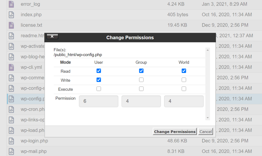 How to enter new file permissions using cPanel
