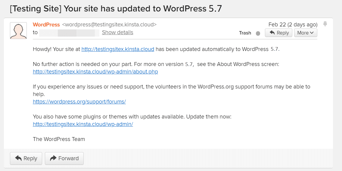 E-post för den nya WordPress-versionen