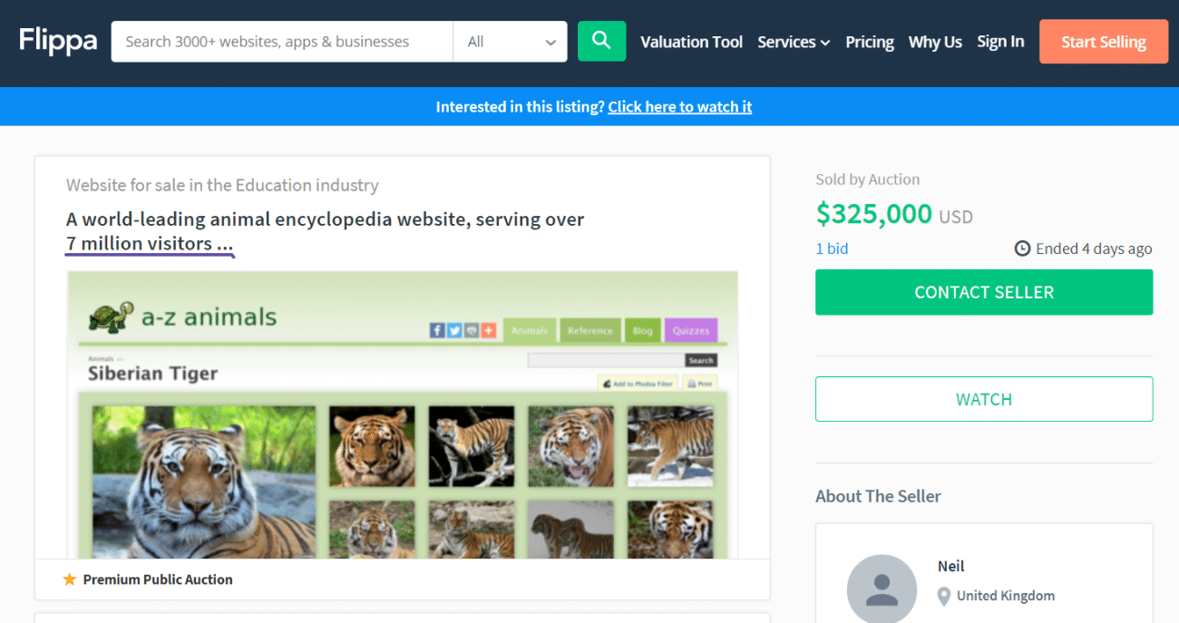 A-Z Animals Flippa listing.