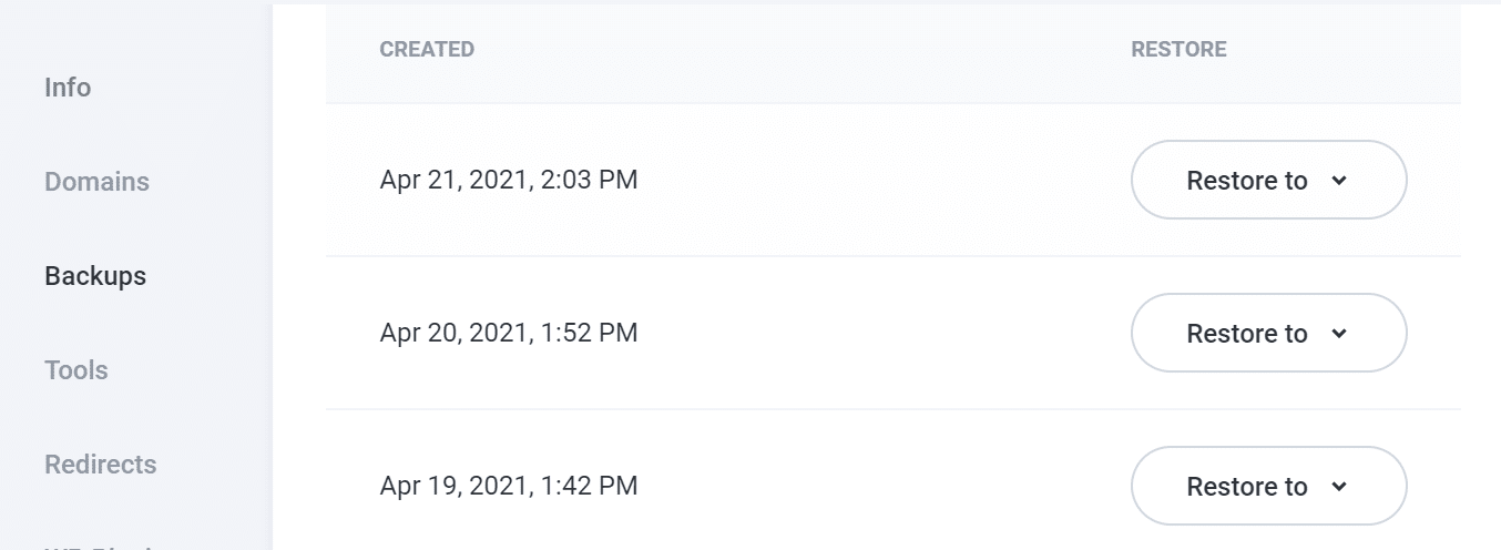 A list of recent website backups.