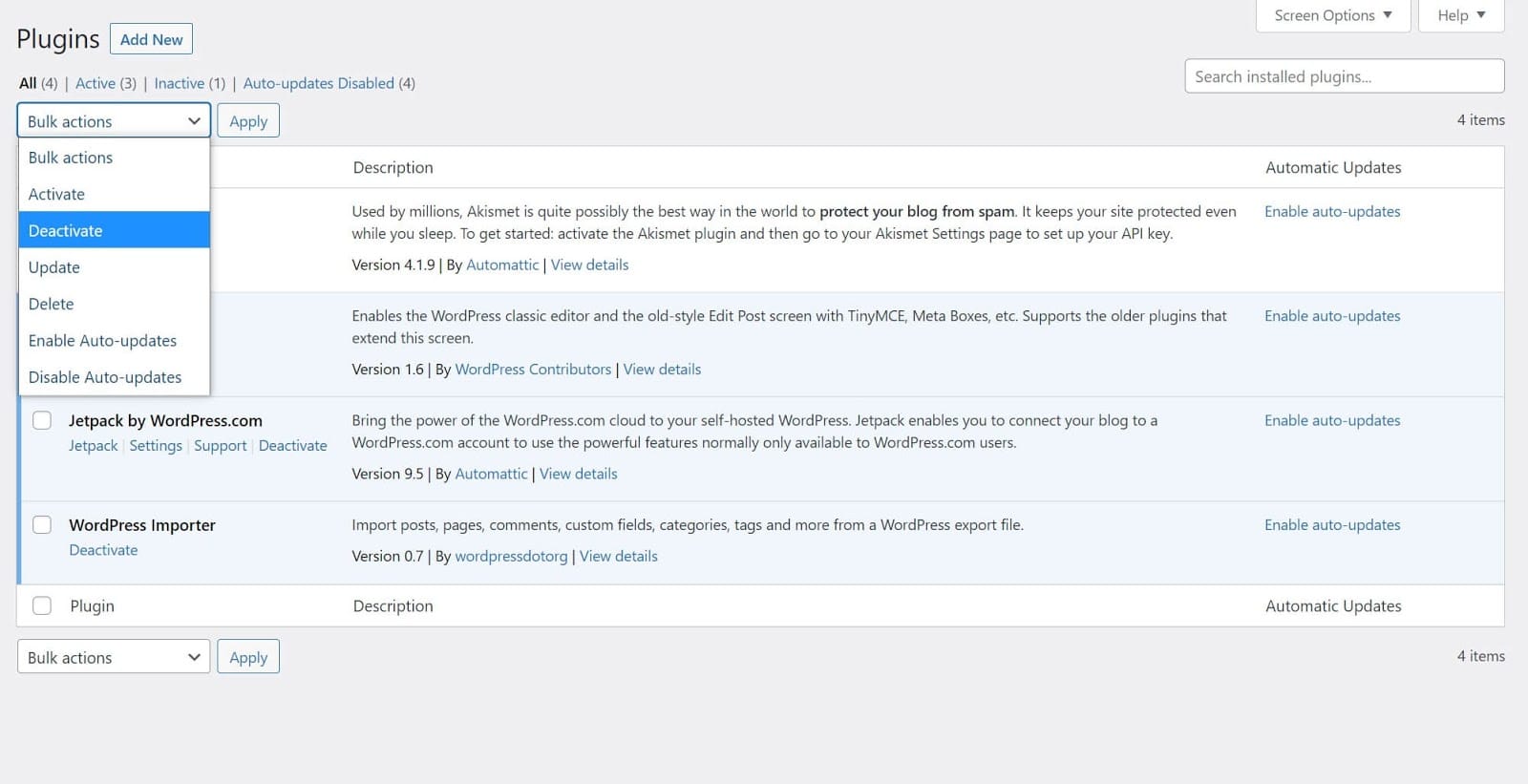 Usare le azioni di gruppo per disattivare tutti i plugin su un sito WordPress.