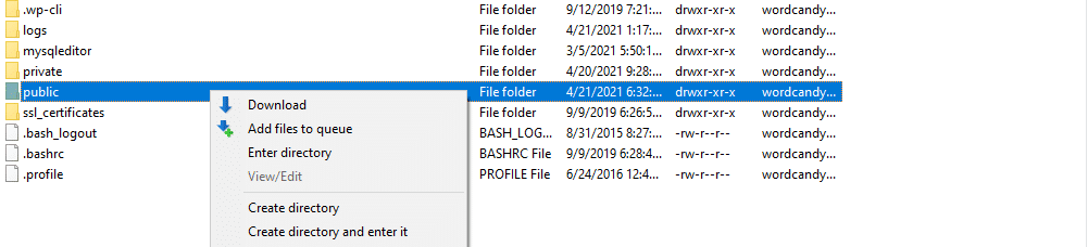 Downloading a WordPress root directory.
