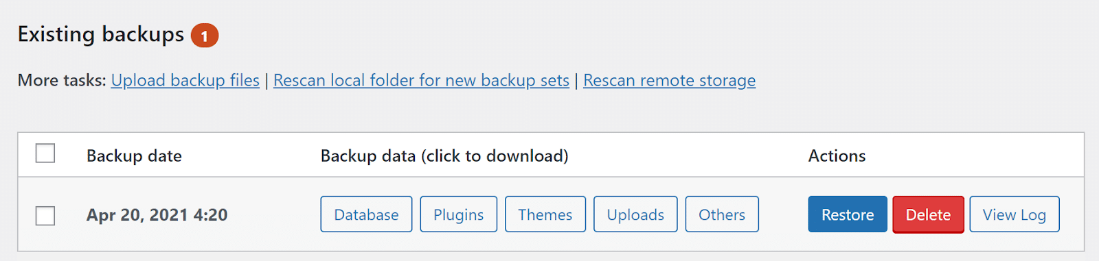 A list of your existing WordPress site backups.