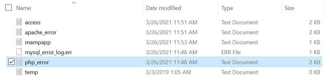 Registro degli errori PHP in MAMP.