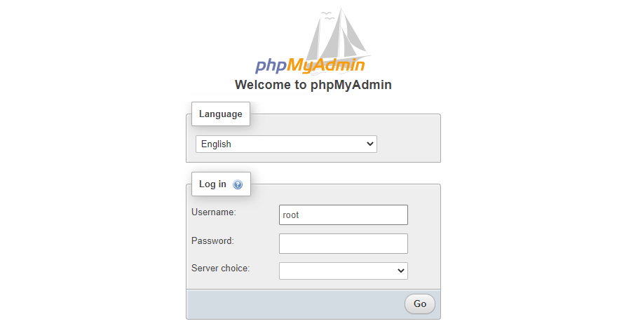 phpMyAdmin Anmeldebildschirm.