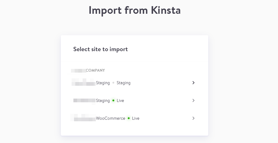 Select which Kinsta website to import.