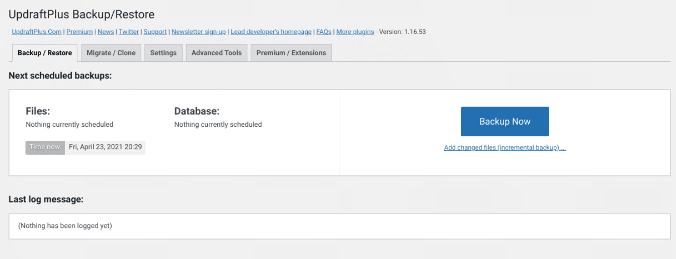 Creating a WordPress site backup using UpdraftPlus.