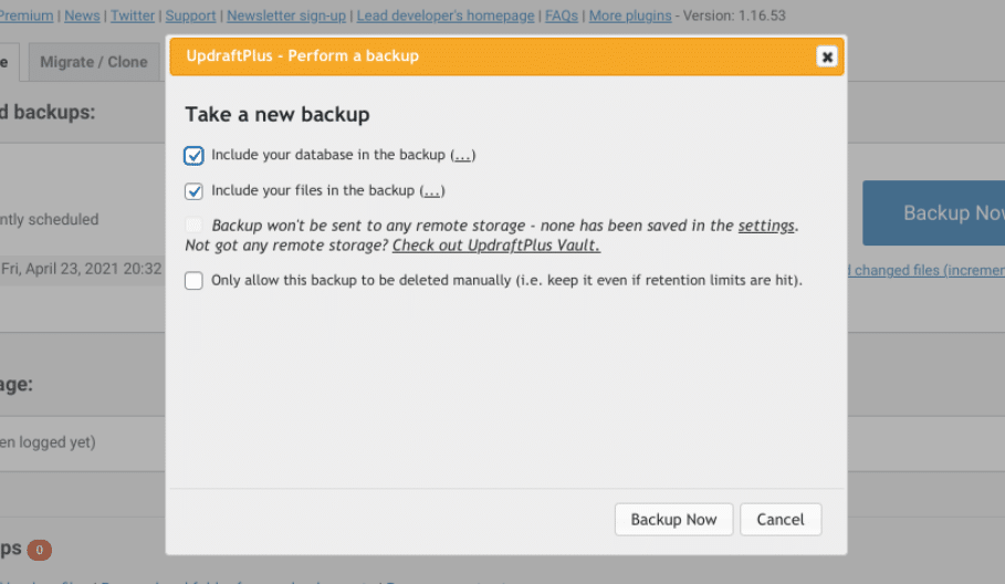 Selecting which elements to include in your WordPress backup.