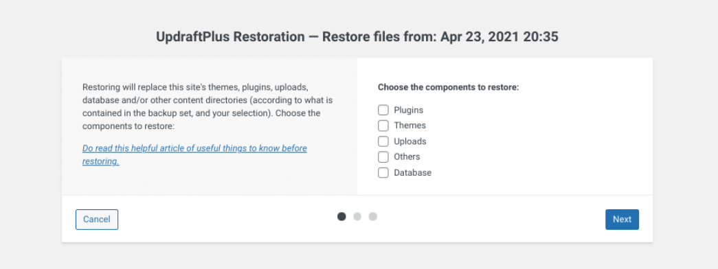 Restoring a UpdraftPlus WordPress backup.