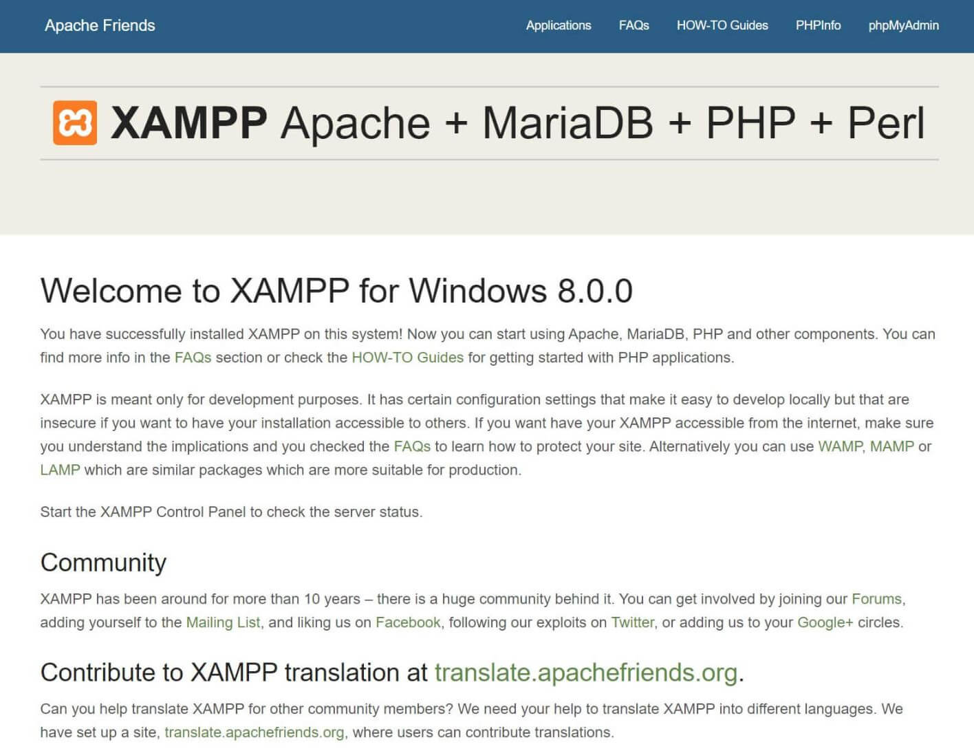 La page XAMPP « localhost/dashboard ».