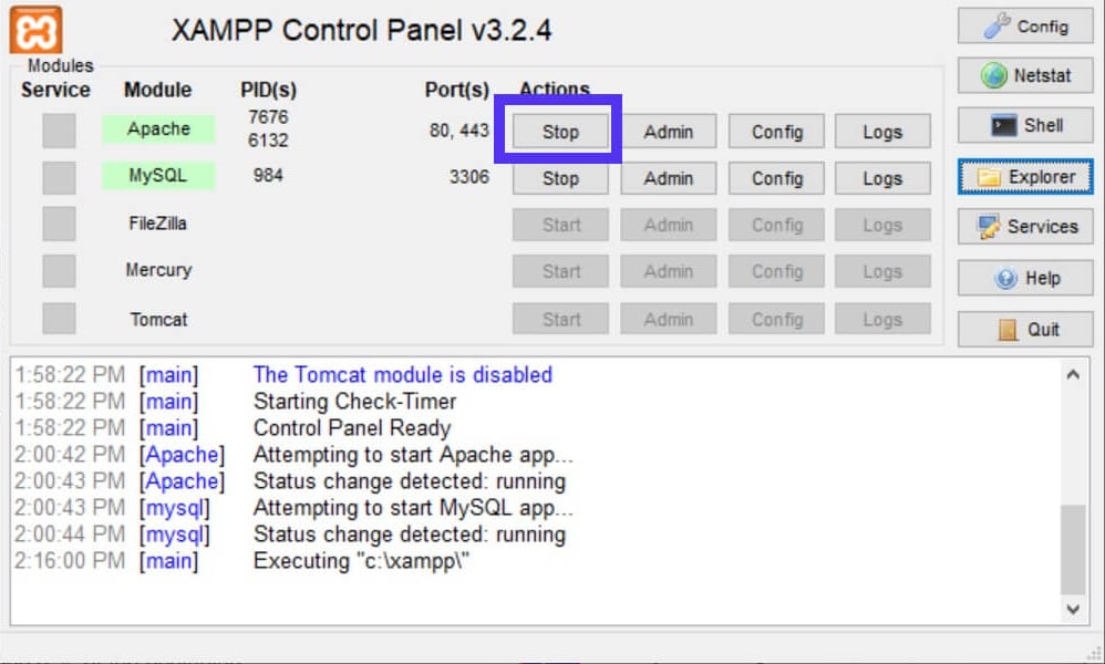 Die Schaltfläche XAMPP Stop, um Apache zu deaktivieren
