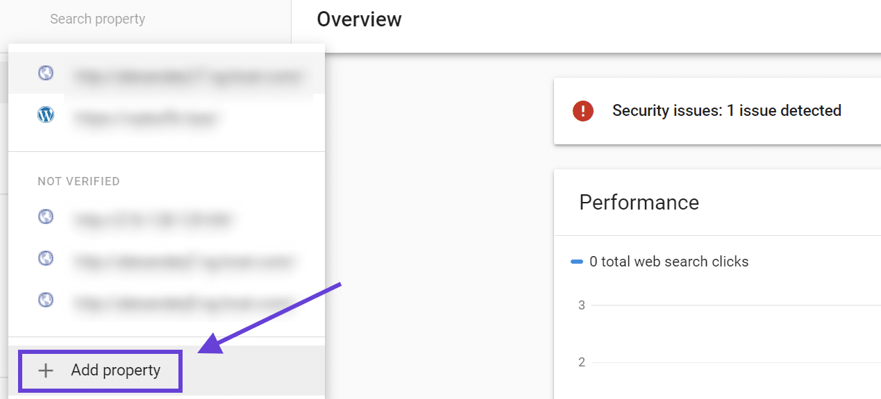 Aggiungere una proprietà a Google Search Console con una freccia che punta al pulsante 