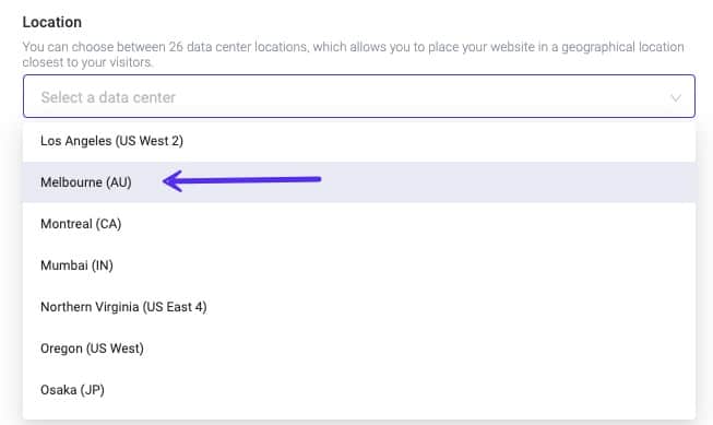 Set Melbourne, AU as your data center in MyKinsta