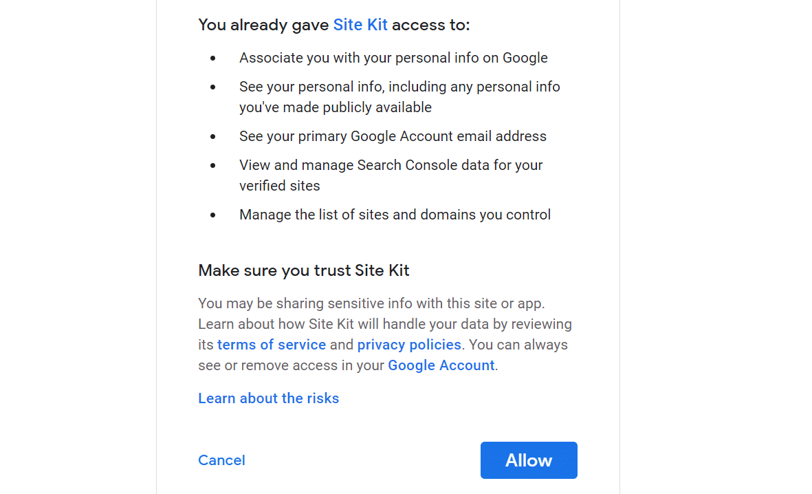 Una lista di permessi di Site Kit con opzioni per 