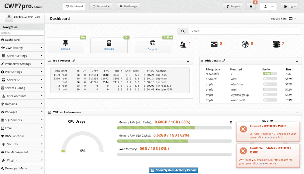 The Control Web Panel interface.