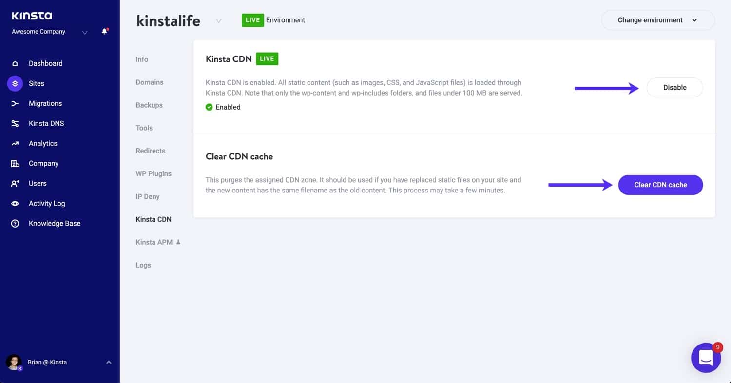 Kinsta CDN settings in MyKinsta.