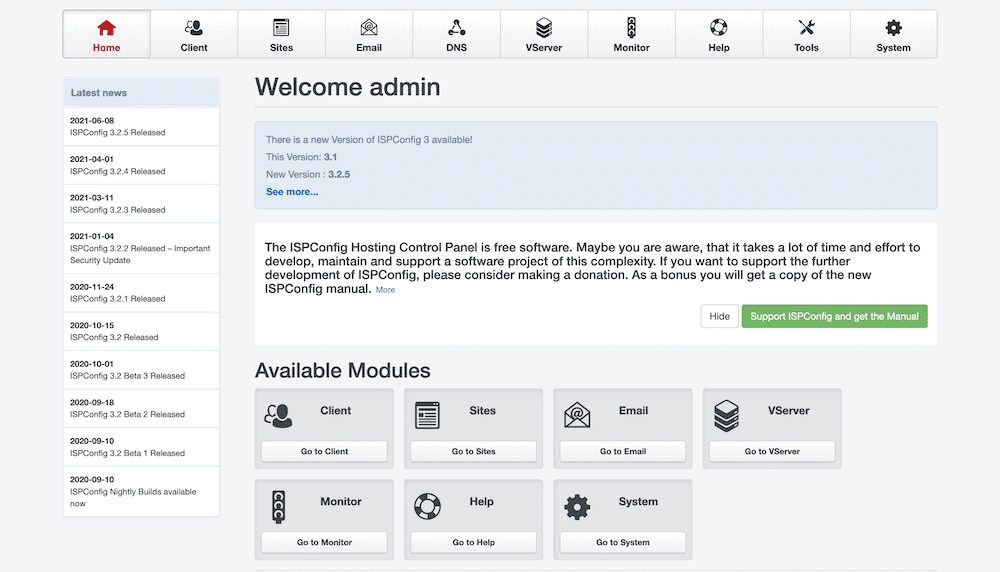 The ISPConfig interface.