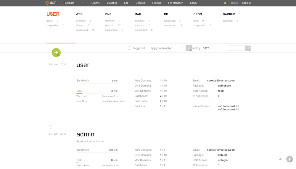 The VestaCP interface.