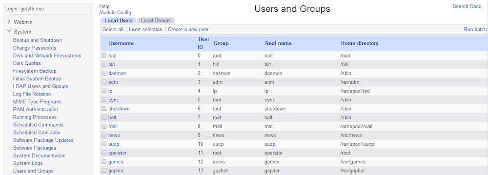 The Webmin interface.