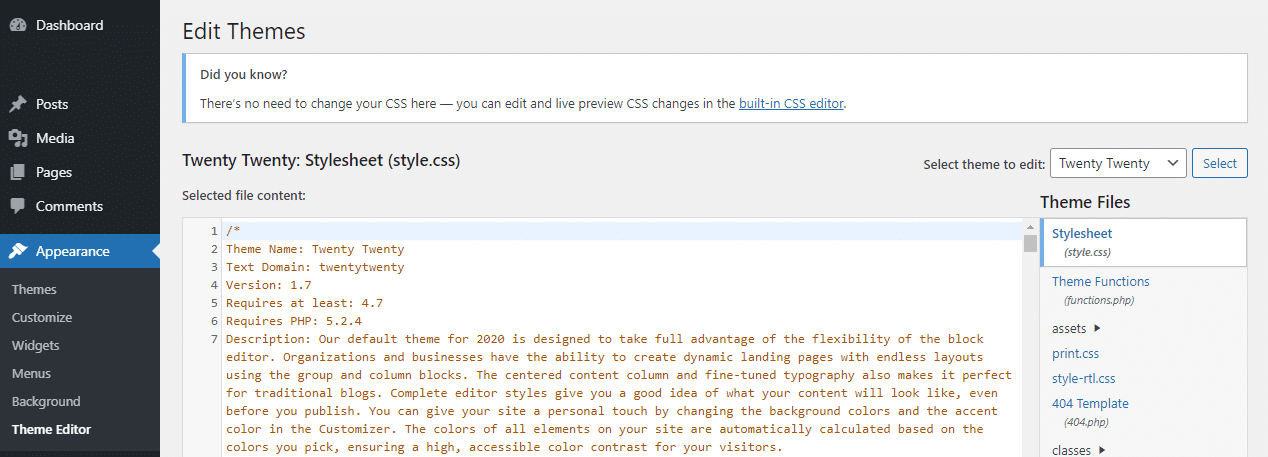 Aggiungere codice all'editor del tema