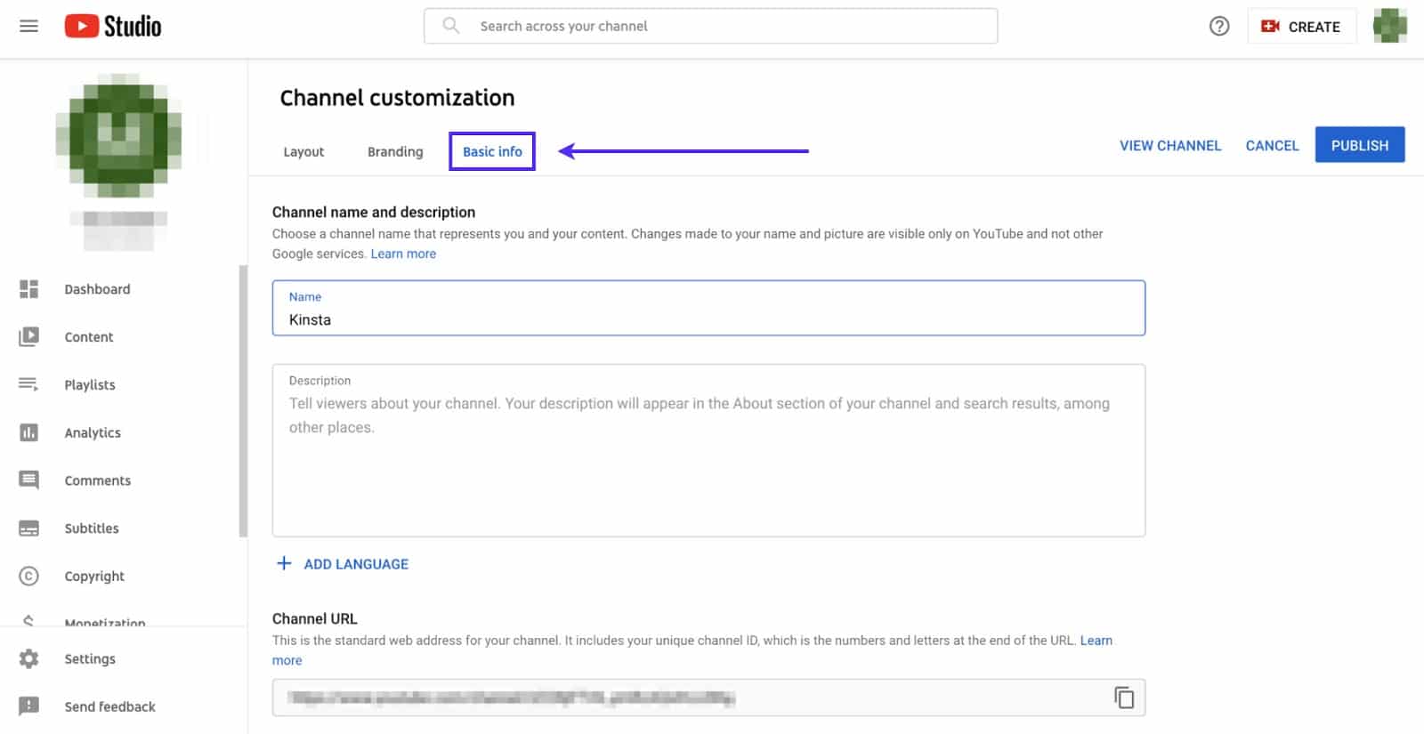 O botão de informação básica para atualizar o nome do canal no YouTube
