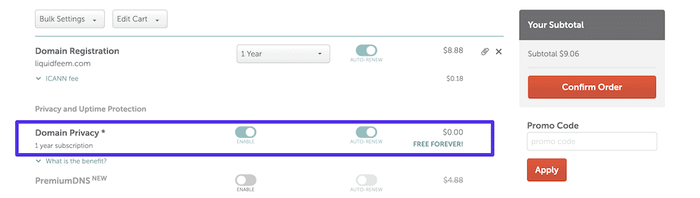 A tela de checkout Namecheap