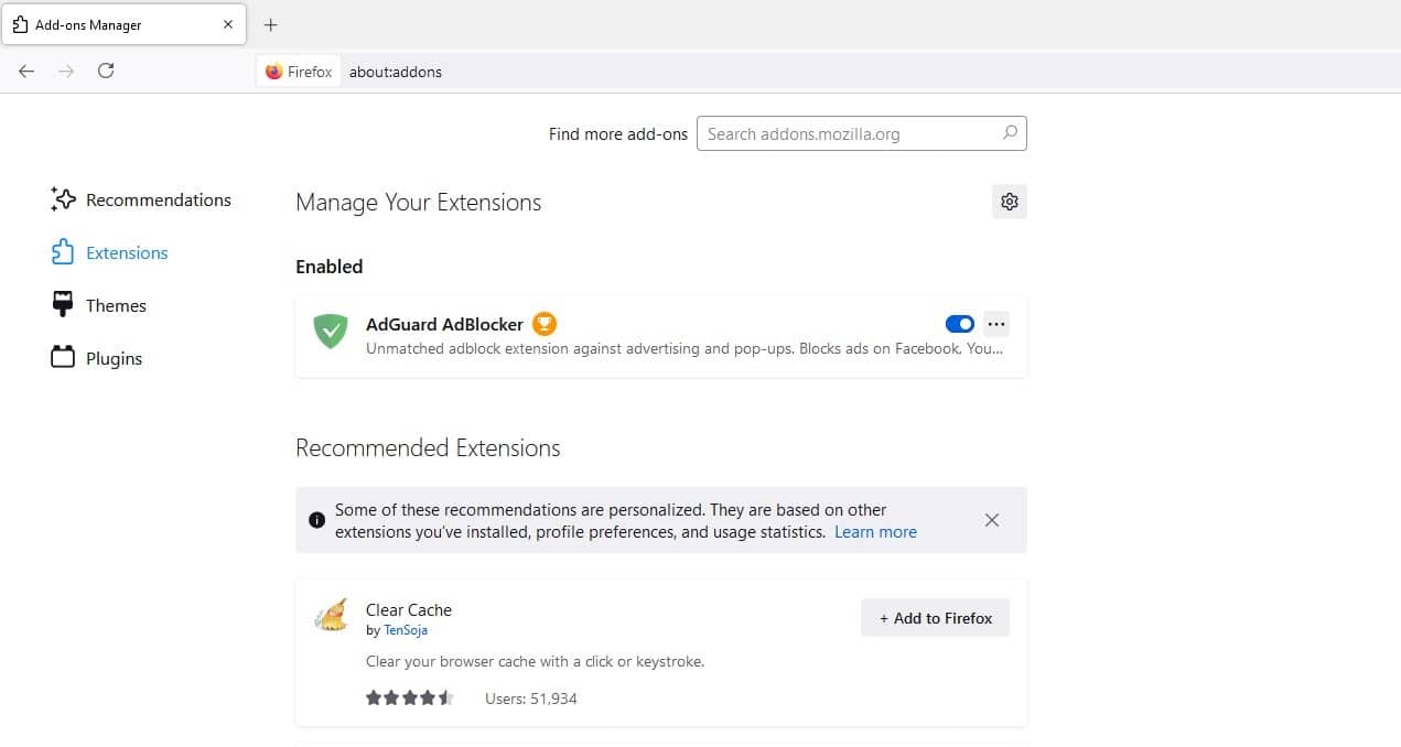 A tela de extensões no Firefox
