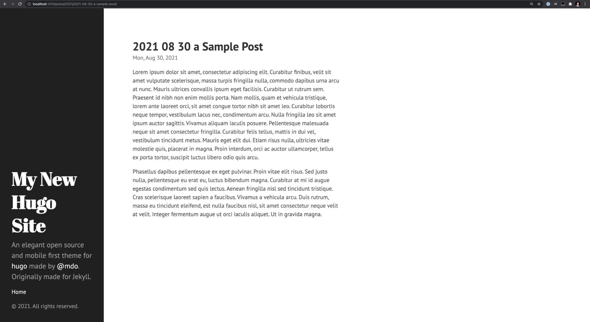 Hugo site with a post displayed.