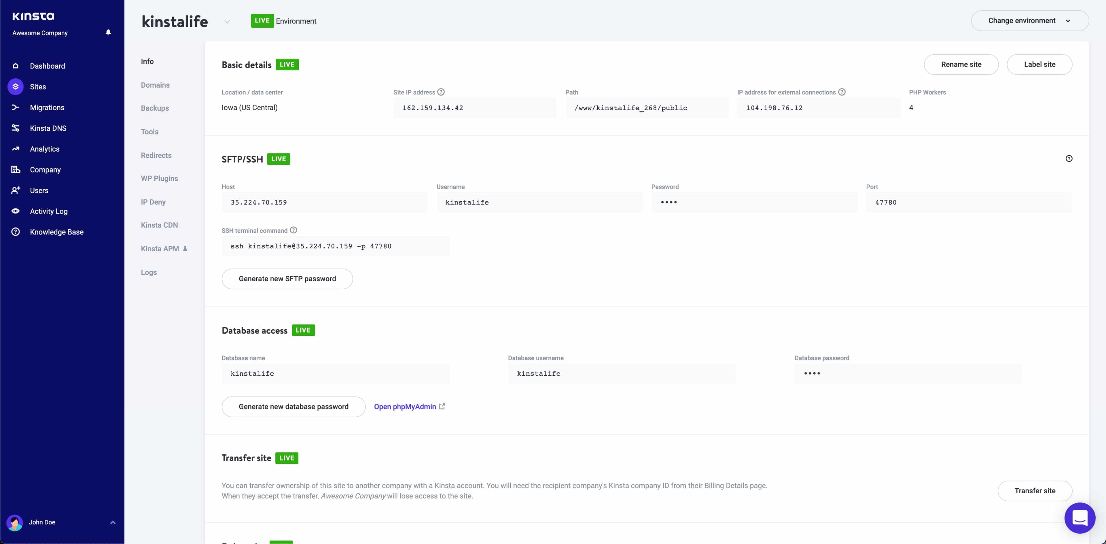 MyKinsta’s Sites screen.