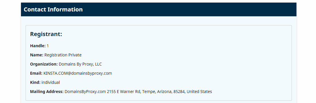 Informações de contato para Kinsta.com através da ferramenta Lookup da ICANN