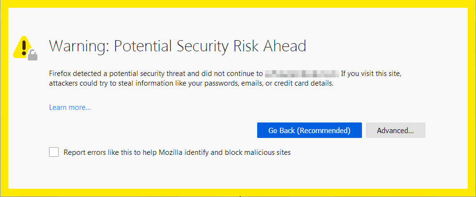 Firefox security risk warning message with the text 
