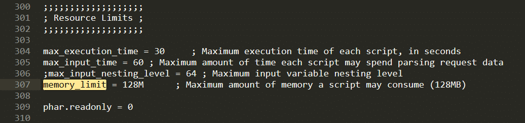 A screenshot of increasing the PHP memory limit via the 