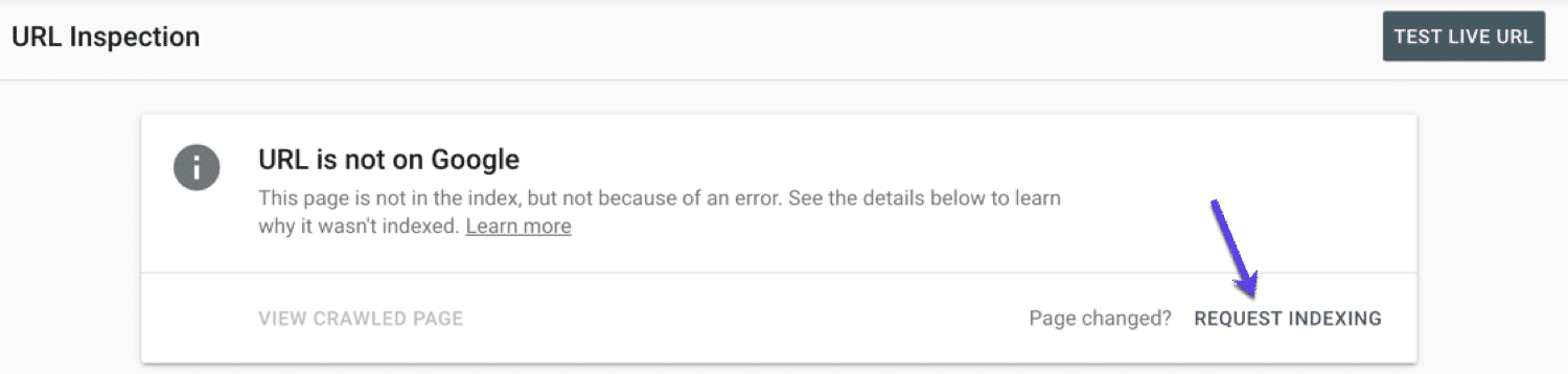 Google Search Console URL Inspection tool with an arrow pointing to the 