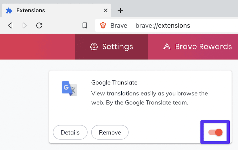 The Brave extension toggle switch for the Google Translate extension, with a purple box drawing attention to the red toggle switch, which is set to 