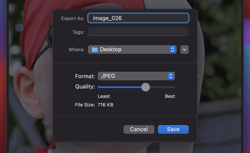 A compression slider for a JPEG image, showing an 