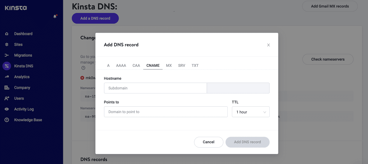 Selecione a aba CNAME