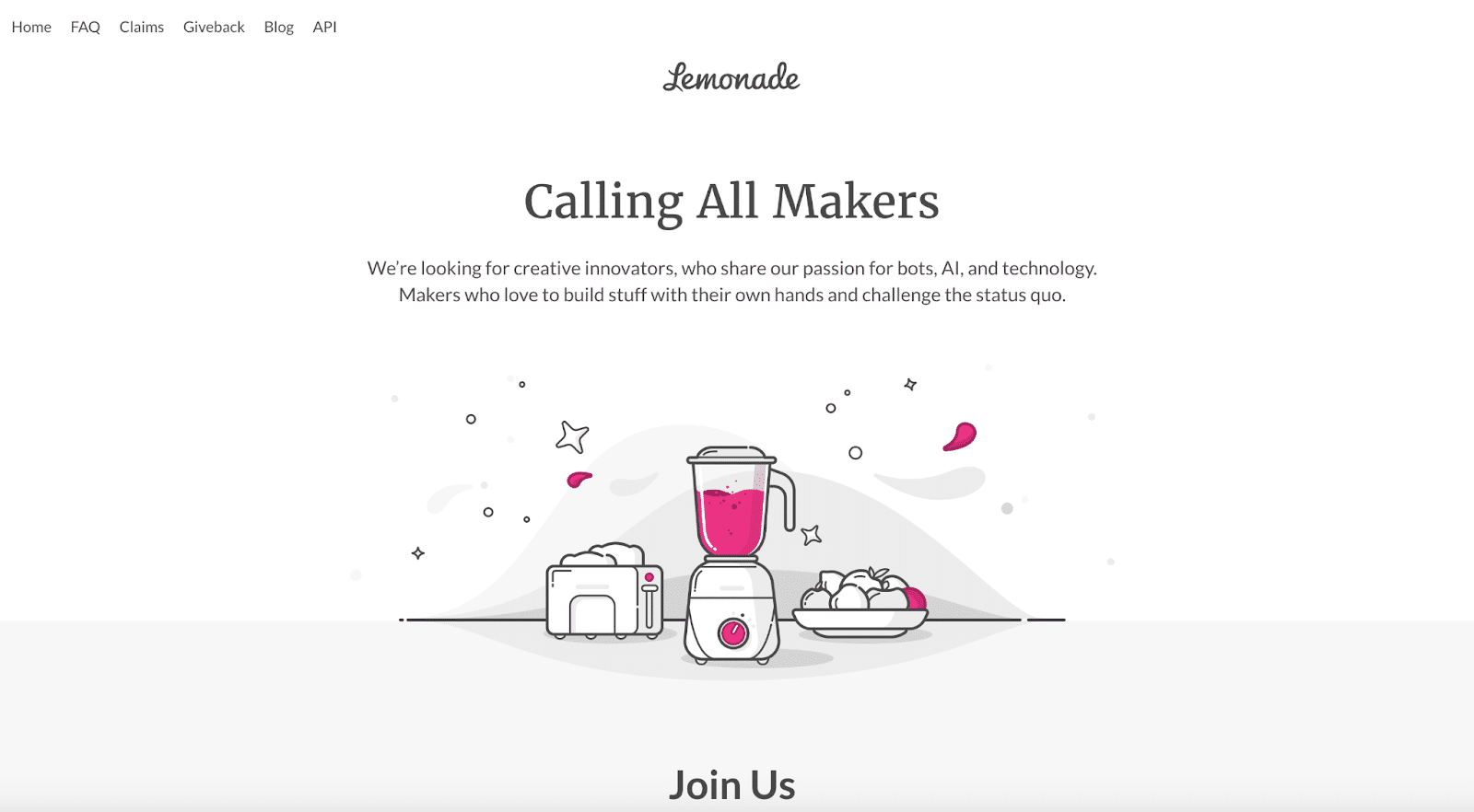 Lemonade recruits new team members on its valuable About Us page.