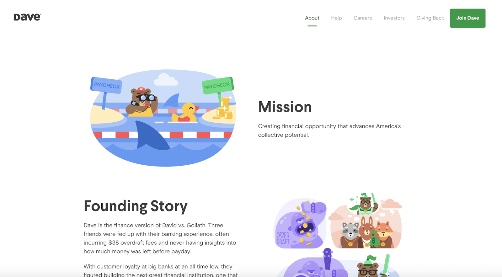 Dave’s fun, whimsical style shines through its About Us page.