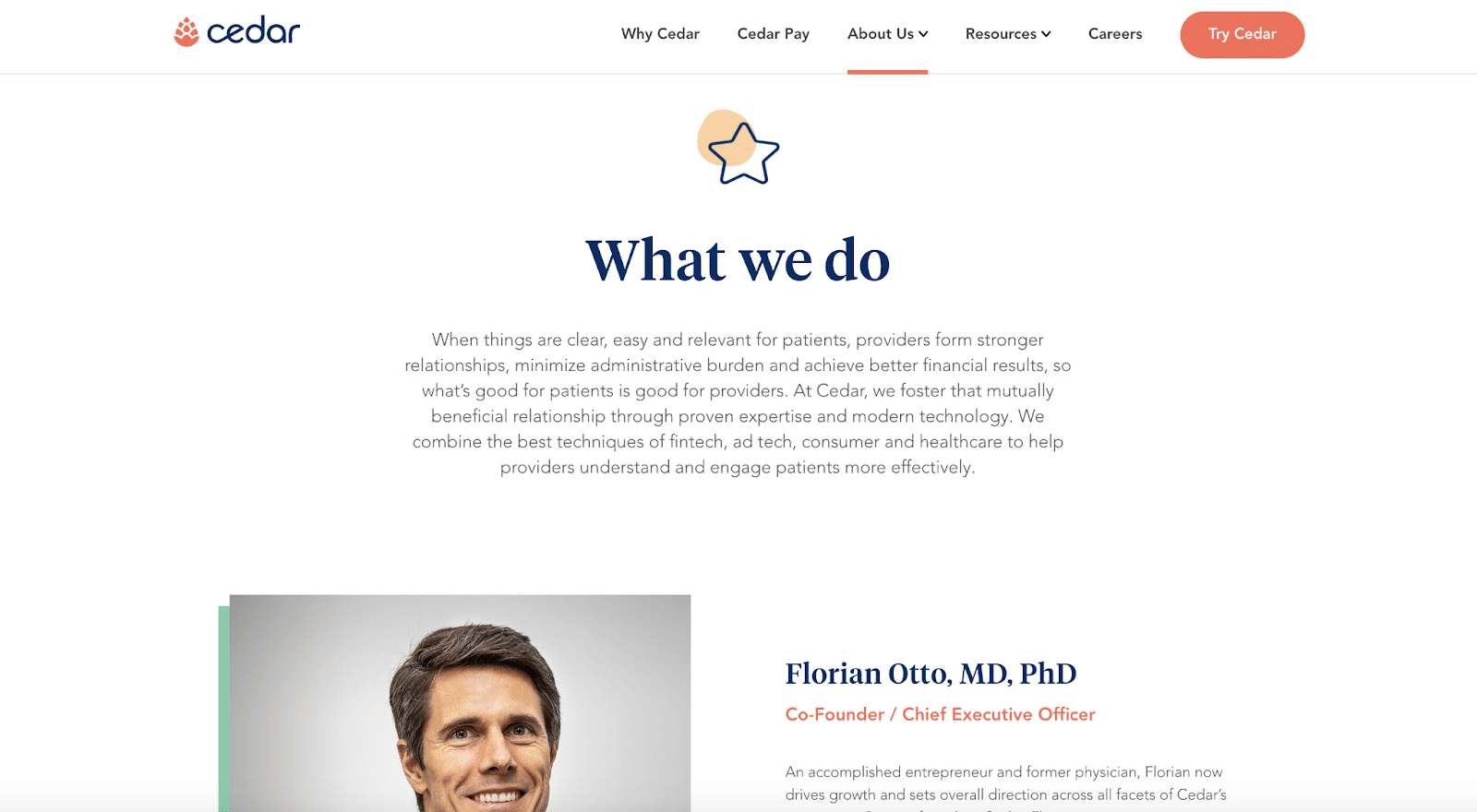 Cedar covers all the bases with its About Us page.